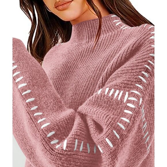 Prettygarden Women's Pink Fall Long Sleeve Mock Neck Oversized Chunky Sweaters - Picture 5 of 7